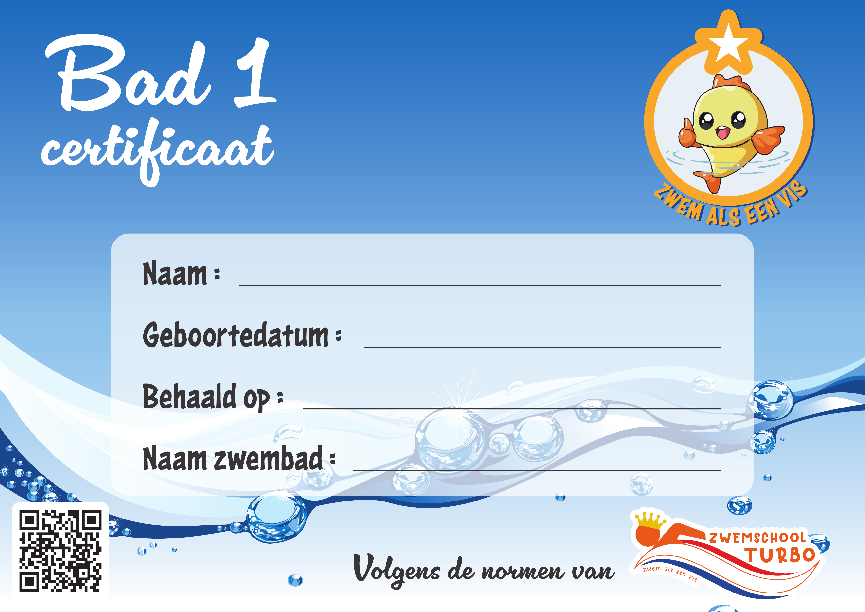Bad 1 Certificaat (Blauw) - Zwemschool Turbo