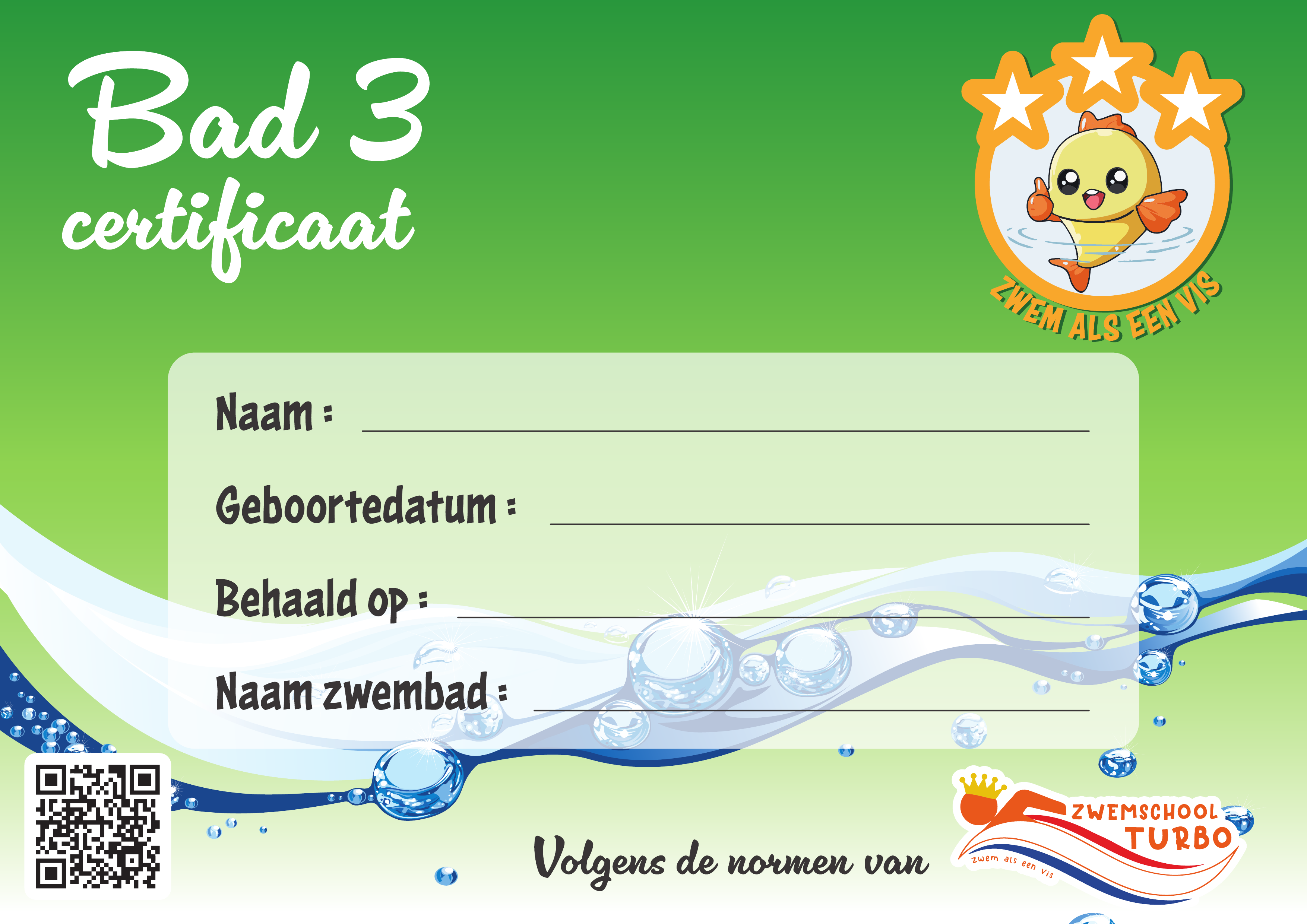 Bad 3 Certificaat (Groen) - Zwemschool Turbo